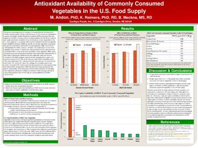 Antioxidant Availability of Commonly Consumed Vegetables in the U.S. Food Supply M. Andon, PhD, K. Reimers, PhD, RD, B. Meckna, MS, RD ConAgra Foods, Inc., 5 ConAgra Drive, Omaha, NEResults