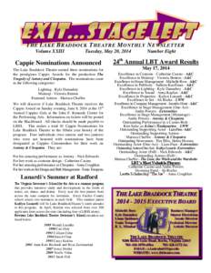 T HE L AKE B RADDOCK T HEATRE M ONTHLY N EWSLETTER Volume XXIII Tuesday, May 20, 2014  Cappie Nominations Announced