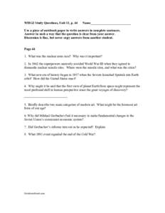 WHG2 Study Questions, Unit 11, p. 44  Name_________________________ Use a piece of notebook paper to write answers in complete sentences. Answer in such a way that the question is clear from your answer.