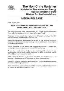 NSW GOVERNMENT WELCOMES US$845 MILLION INVESTMENT IN ILLAWARRA COAL