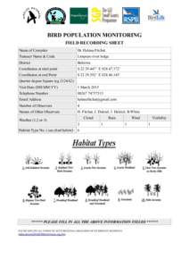 BIRD POPULATION MONITORING FIELD RECORDING SHEET Name of Compiler Dr. Helena Fitchat