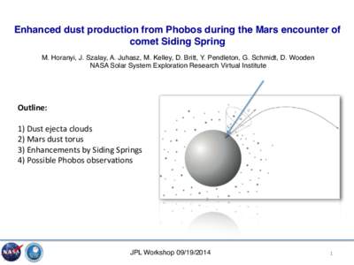 Enhanced dust production from Phobos during the Mars encounter of comet Siding Spring	
   M. Horanyi, J. Szalay, A. Juhasz, M. Kelley, D. Britt, Y. Pendleton, G. Schmidt, D. Wooden   NASA Solar System Exploration Rese