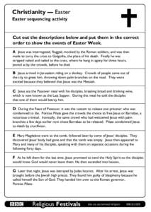 Christianity — Easter Easter sequencing activity Cut out the descriptions below and put them in the correct order to show the events of Easter Week. A Jesus was interrogated, flogged, mocked by the Roman soldiers, and 