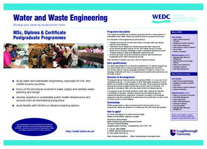 Water and Waste Engineering Develop your career by studying from home MSc, Diploma & Certificate Postgraduate Programmes