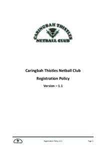 Caringbah Thistles Netball Club Registration Policy Version – 1.1 Registration Policy v1.1