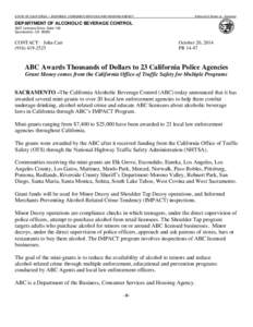 STATE OF CALIFORNIA — BUSINESS, CONSUMER SERVICES AND HOUSING AGENCY  Edmund G. Brown Jr., Governor DEPARTMENT OF ALCOHOLIC BEVERAGE CONTROL 3927 Lennane Drive, Suite 100