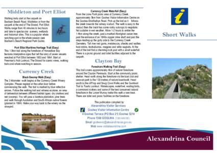 Middleton and Port Elliot Walking trails start at the carpark on Basham Beach Road, Middleton or from the carpark at the end of The Strand, Port Elliot. Walks range from 40 minutes to two hours and take in spectacular sc