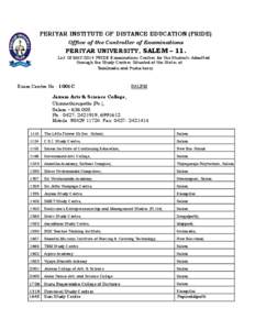 PERIYAR INSTITUTE OF DISTANCE EDUCATION (PRIDE) Office of the Controller of Examinations PERIYAR UNIVERSITY, SALEM – 11.  List Of MAY-2014 PRIDE Examinations Centres for the Students Admitted