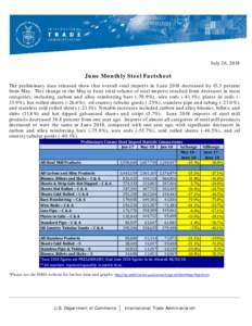 July 26, 2018  June Monthly Steel Factsheet The preliminary data released show that overall steel imports in June 2018 decreased by 15.3 percent from May. This change in the May to June total volume of steel imports resu