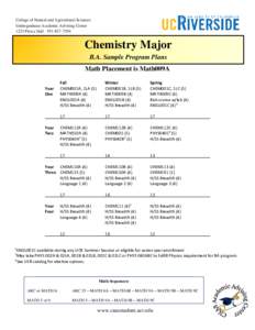 College of Natural and Agricultural Sciences Undergraduate Academic Advising Center 1223 Pierce Hall · Chemistry Major B.A. Sample Program Plans
