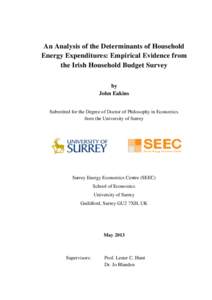 An Analysis of the Determinants of Household Energy Expenditures: Empirical Evidence from the Irish Household Budget Survey by John Eakins Submitted for the Degree of Doctor of Philosophy in Economics