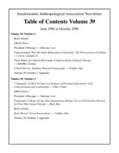Southwestern Anthropological Association Newsletter  Table of Contents Volume 39 June 1998 to October 1998 Volume 39, Number 1 Brief Articles