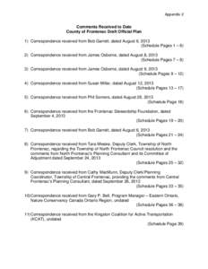 Appendix 2  Comments Received to Date County of Frontenac Draft Official Plan 1) Correspondence received from Bob Garrett, dated August 6, 2013 (Schedule Pages 1 – 6)