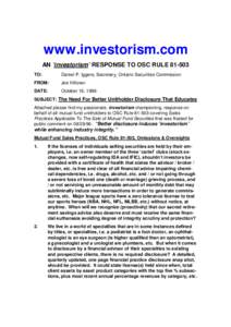 www.investorism.com AN ‘investorism’ RESPONSE TO OSC RULE[removed]TO: Daniel P. Iggers, Secretary, Ontario Securities Commission