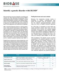 W HIT E PA PE R  Identify a genetic disorder with HGMD® We are entering a new era of genetic counseling and medical care. Next Generation Sequencing (“NGS”) technology provides the ability to establish a causal