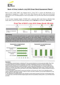 Bank of China Limited’s July 2016 Green Bond Assessment Result Bank of China Limited (“BOC”) has engaged Ernst & Young (“EY”) to assess the effectiveness of its organizational management in relation to the Gree