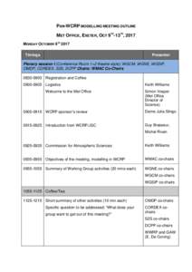 PAN-WCRP MODELLING MEETING OUTLINE MET OFFICE, EXETER, OCT 9TH-13TH, 2017 MONDAY OCTOBER 9TH 2017 Timings  Presenter