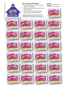 Earn Cash for Our School! 1. Glue or tape 25 Box Tops for Education coupons to this sheet. 2. Fill out your child’s grade and the name of his/her teacher. 3. Send this sheet with your student to
