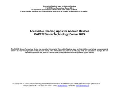 Accessible Reading Apps for Android Devices PACER Simon Technology Center 2013 This information is current as of February 2013, but is subject to change. It is not intended to endorse one product over the other nor to be