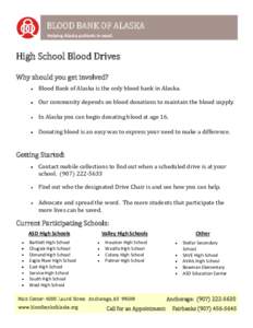 BLOOD BANK OF ALASKA Helping Alaska patients in need. High School Blood Drives Why should you get involved? Blood Bank of Alaska is the only blood bank in Alaska.