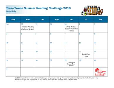 Teen/Tween Summer Reading Challenge 2016 June/July Sun 26