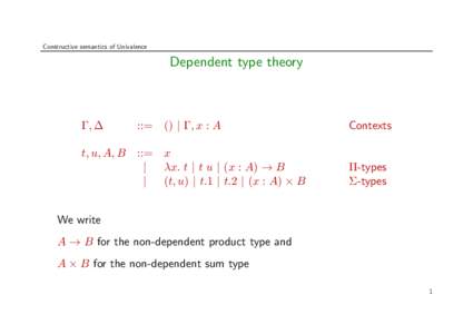Constructive semantics of Univalence  Dependent type theory Γ, ∆