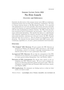 Summer Lecture Series 2002 No Free Lunch Overview and References