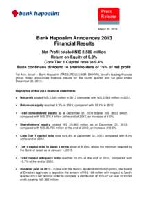 March 20, 2014  Bank Hapoalim Announces 2013 Financial Results Net Profit totaled NIS 2,580 million Return on Equity of 9.3%