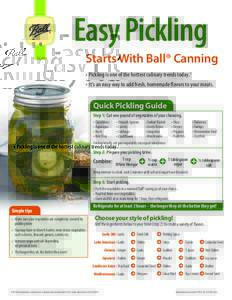 Easy Pickling Starts With Ball® Canning • Pickling is one of the hottest culinary trends today.1 • It’s an easy way to add fresh, homemade flavors to your meals.  Quick Pickling Guide