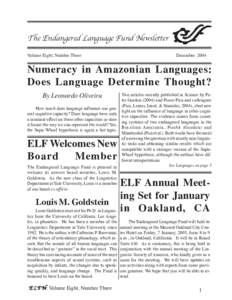The Endangered Language Fund Newsletter Volume Eight, Number Three December[removed]Numeracy in Amazonian Languages: