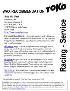 WAX RECOMMENDATION Ironwood, MI Saturday, January 9 8:30 A.M. and 11 A.M. 42K/21K Skate and Classic Wave start