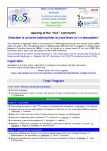 Meeting of the “Ro5” community Detection of airborne radionuclides at trace levels in the atmosphere This workshop is organized by the French Institute for Radiological protection and Nuclear Safety (IRSN) under the 