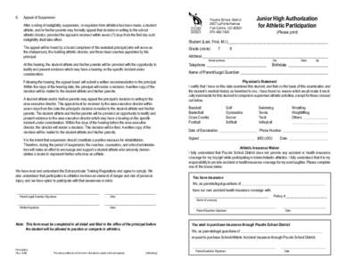 Junior High Authorization for Athletic Participation form