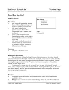 SunSmart Schools IV  Teacher Page Good Day Sunshine! Student Objective
