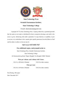 Siam Technology Press Srisakdi Charmonman Institute, Siam Technology College E-mail:  Copyright 2017 by Siam Technology Press. Copying without fee is permitted provided that the copies are not made or
