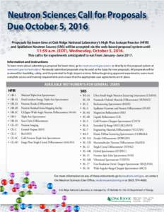 Neutron Sciences Call for Proposals Due October 5, 2016 Proposals for beam time at Oak Ridge National Laboratory’s High Flux Isotope Reactor (HFIR) and Spallation Neutron Source (SNS) will be accepted via the web-based