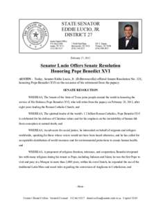    February 27, 2013 Senator Lucio Offers Senate Resolution Honoring Pope Benedict XVI