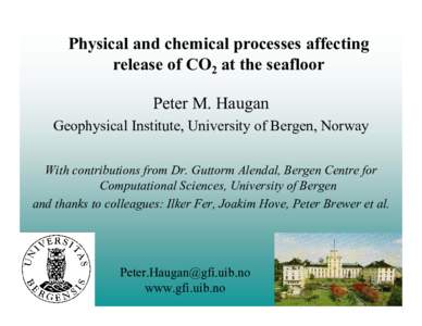 Physical and chemical processes affecting release of CO2 at the seafloor Peter M. Haugan Geophysical Institute, University of Bergen, Norway With contributions from Dr. Guttorm Alendal, Bergen Centre for Computational Sc
