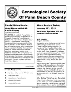 Genealogical Society Of Palm Beach County Volume XXXIII, Issue 8 October 2014
