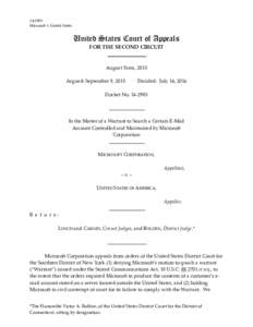 14‐2985  Microsoft v. United States    United States Court of Appeals FOR THE SECOND CIRCUIT 