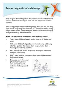 Supporting positive body image  Body image is the mental picture that we have about our bodies and how we feel about the way we look. It is not only about what we look like. Many young people report not feeling happy abo
