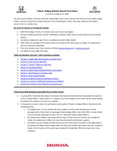 Takata Airbag Inflator Recall Fact Sheet Current as of March 16, 2018 This document provides customers and other stakeholders with current, factual information on the Takata airbag inflator recall as it pertains to Honda