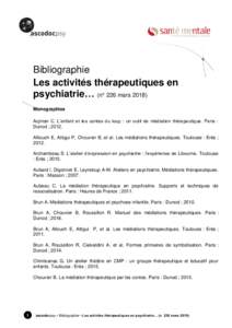 Bibliographie Les activités thérapeutiques en psychiatrie… (n° 226 marsMonographies Acjman C. L’enfant et les contes du loup : un outil de médiation thérapeutique. Paris : Dunod ; 2012.
