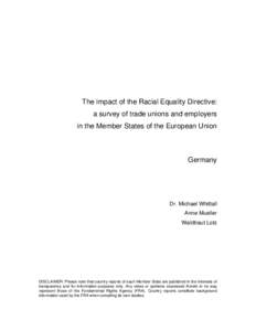The impact of the Racial Equality Directive: a survey of trade unions and employers in the Member States of the European Union Germany