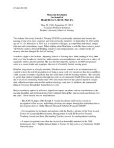 Circular[removed]Memorial Resolution On Behalf of MARCHUSA N. HUFF, PhD, RN May 24, 1941- September 23, 2012