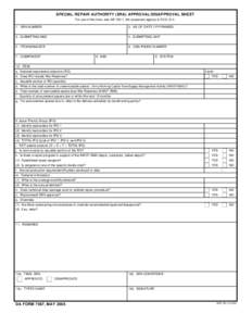 SPECIAL REPAIR AUTHORITY (SRA) APPROVAL/DISAPPROVAL SHEET For use of this form, see AR 750-1; the proponent agency is DCS, G[removed]SRA NUMBER 2. AS OF DATE (YYYYMMDD)