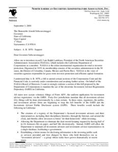 Letter to Gov. Schwarzenegger in support of IARD Adoption
