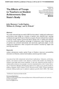 NASSP Bulletin OnlineFirst, published on February 3, 2010 as doi:  The Effects of Troops to Teachers on Student Achievement: One State’s Study