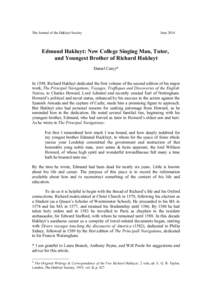 The Journal of the Hakluyt Society  June 2014 Edmund Hakluyt: New College Singing Man, Tutor, and Youngest Brother of Richard Hakluyt