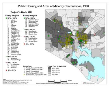 Public Housing and Areas of Minority Concentration, 1980 Project % Black, 1981 Family Projects # 90% - 100% S